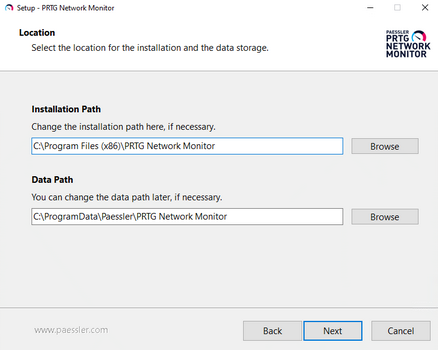 Setup Dialog: Location for Installation and Data Storage